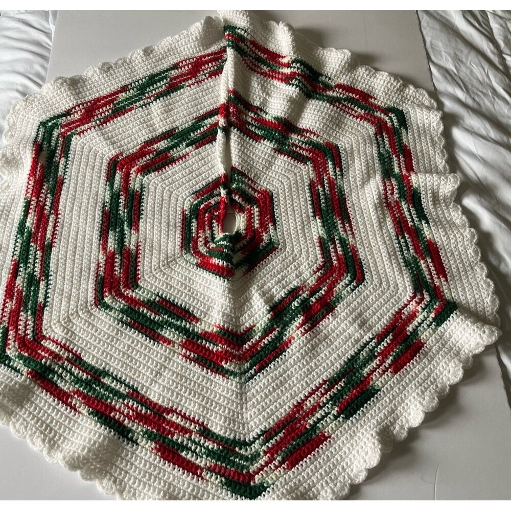 Vintage Handmade Crocheted Christmas Tree 36" Round Granny Cottage Core